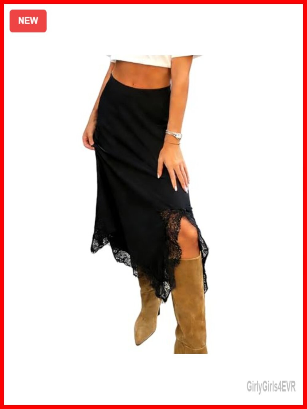 Satin Midi Skirt High Waisted Side Slit Lace Patchwork Bodycon Asymmetric